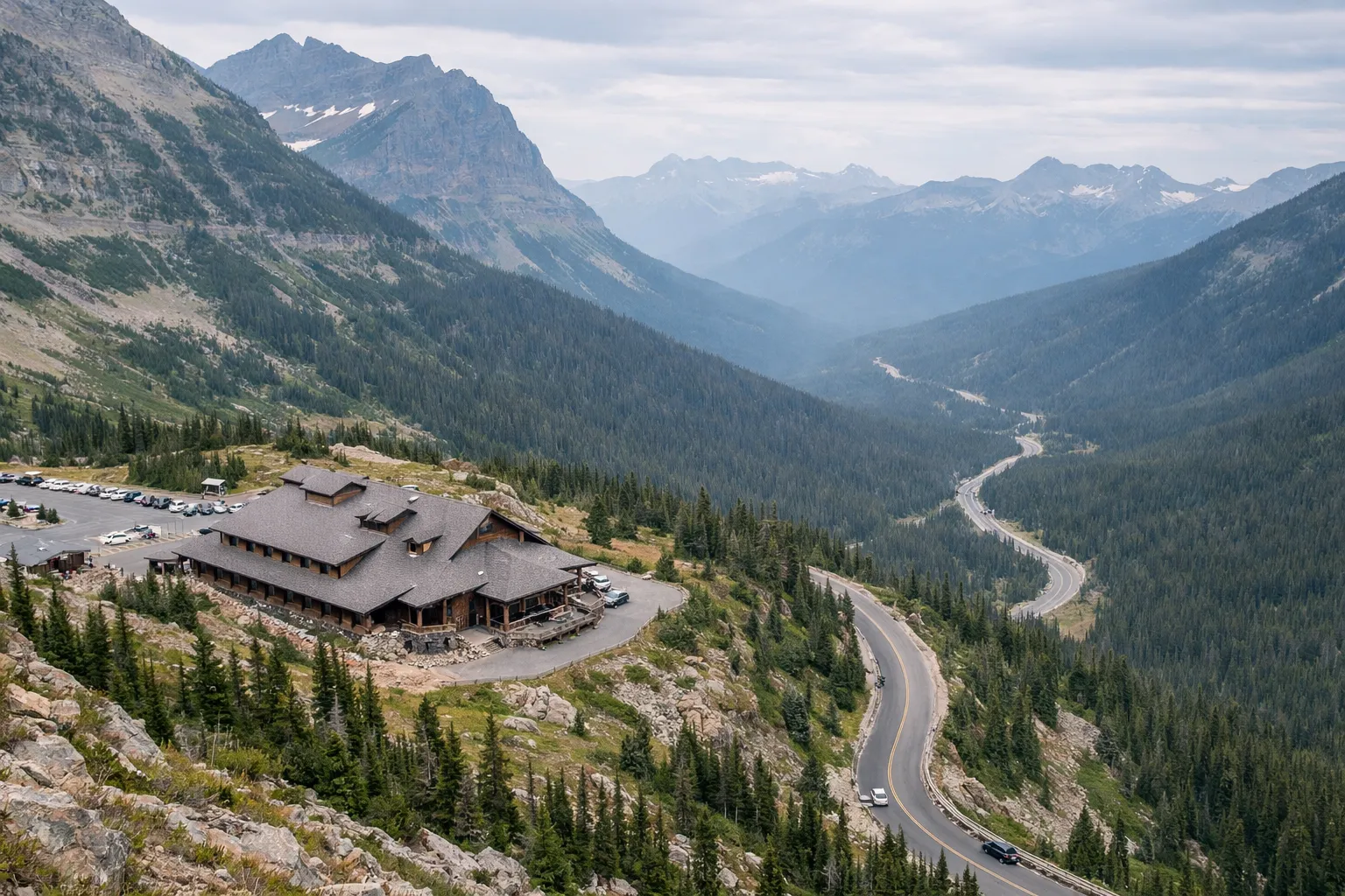 A large mountain lodge sits beside Going-to-the-Sun Road winding through Glacier National Park's forested valley.