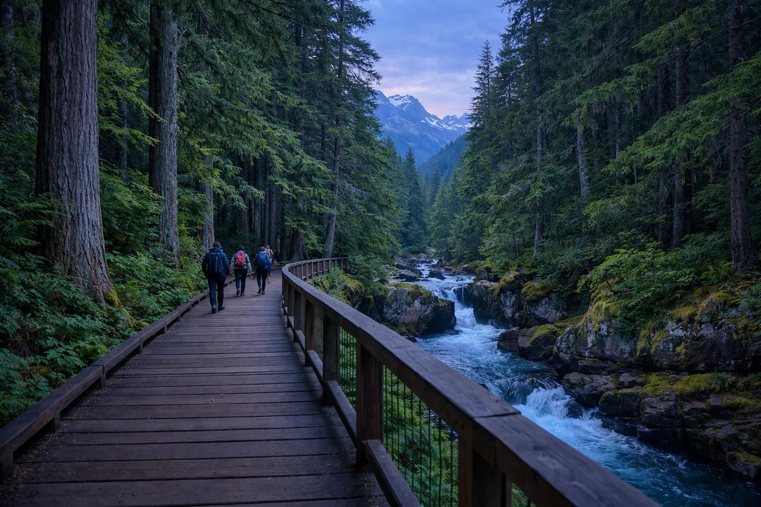 Hikers walk on a wooden boardwalk through dense forest beside a rushing river with mountains in the background.