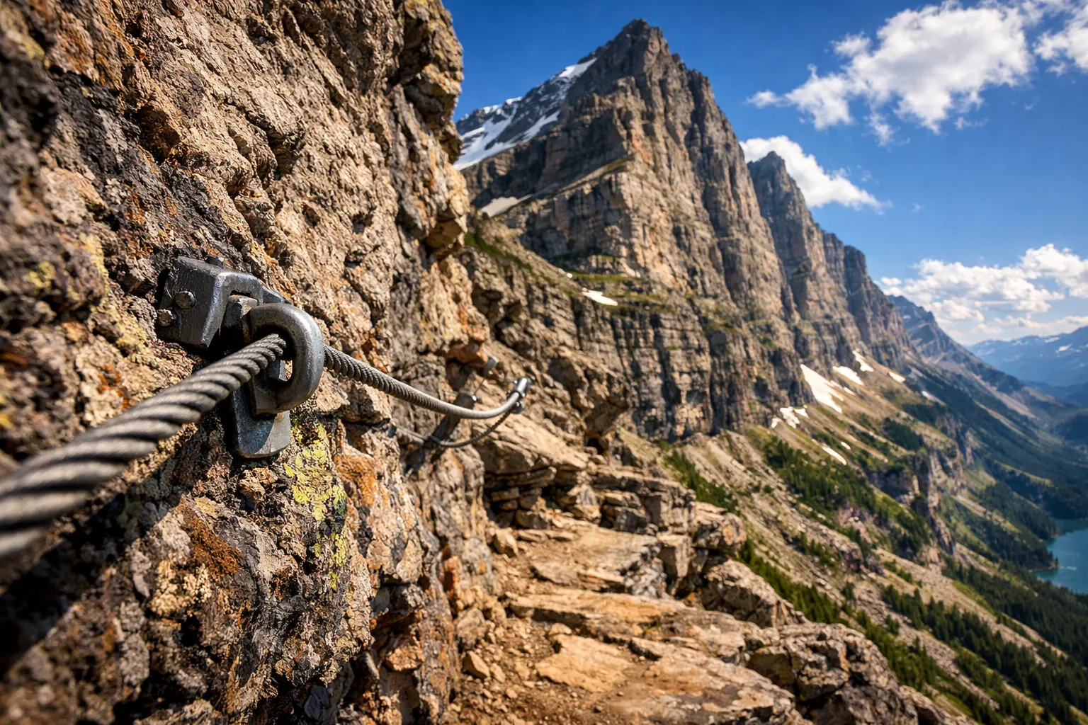 A close-up of a safety cable along a cliffside hiking trail in Glacier National Park with mountain views.