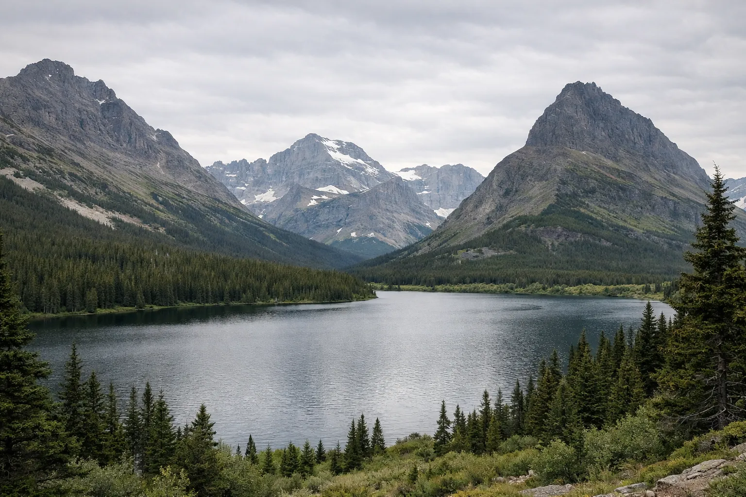 A mountain lake surrounded by pine forests and peaks in Glacier National Park.