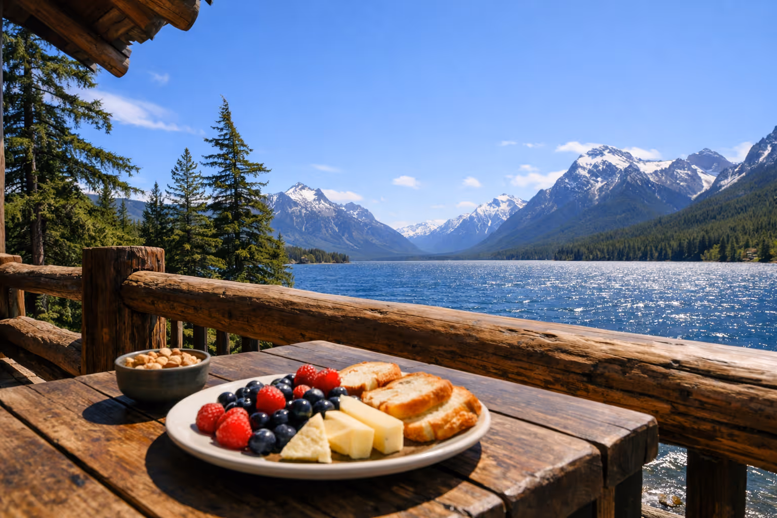 Breakfast on a wooden deck overlooking a lake and snow-capped mountains in Glacier National Park.