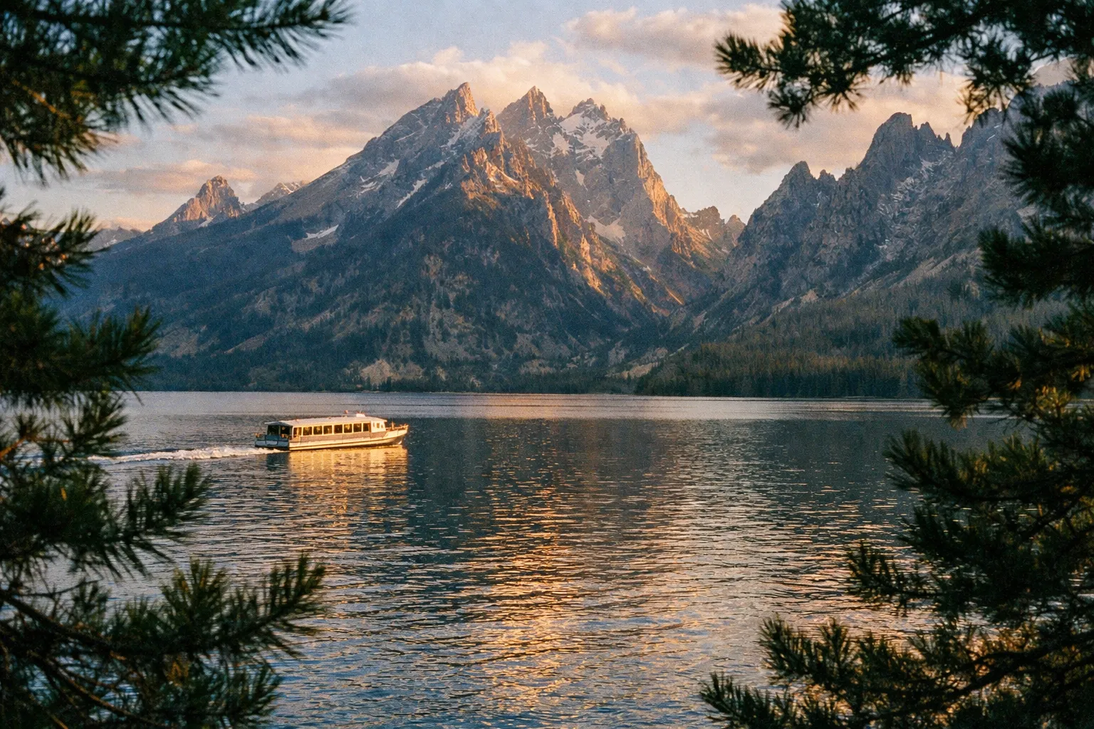 A boat crosses Jenny Lake with the Teton mountains rising in the background, framed by pine branches.
