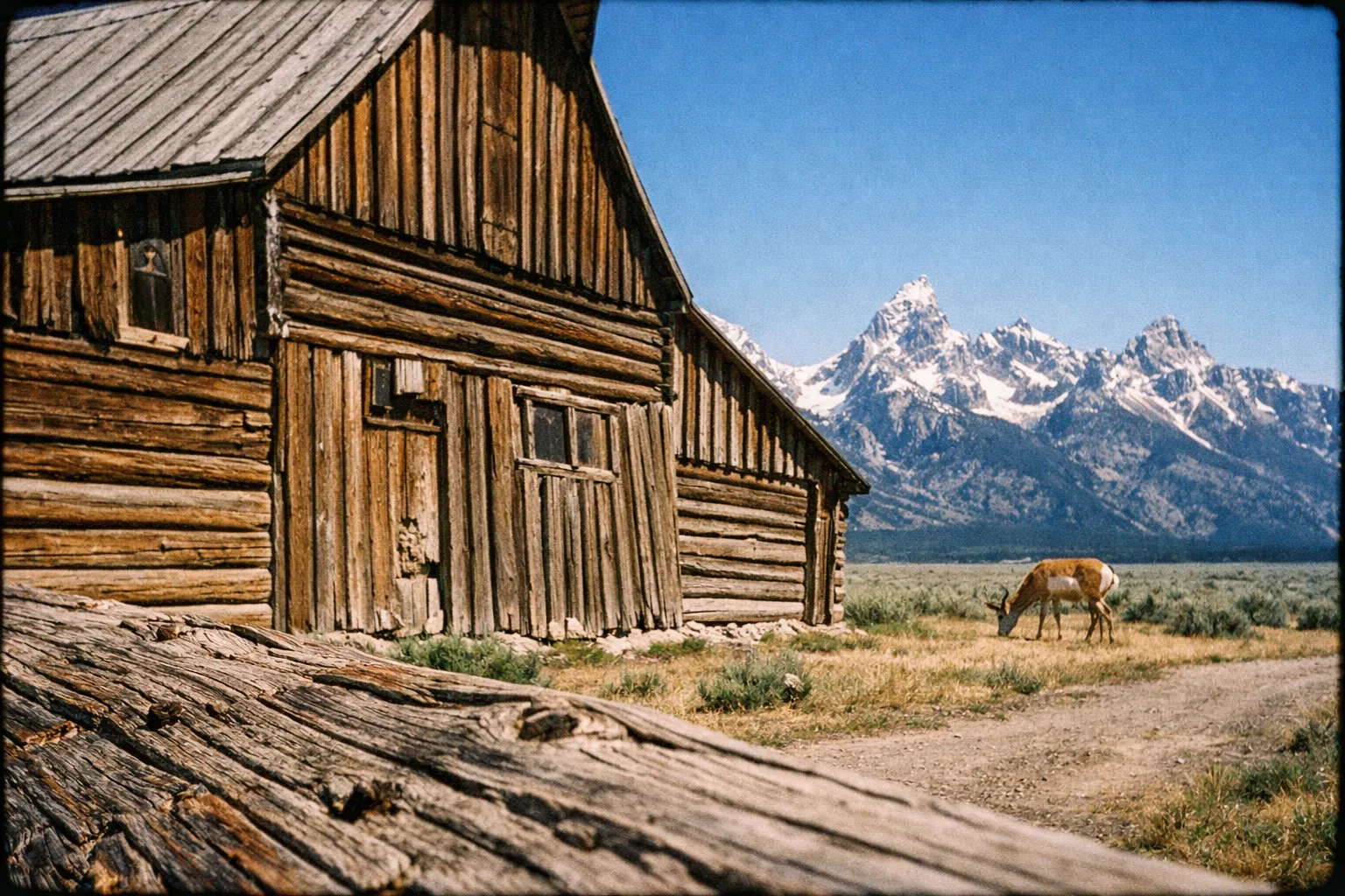 A rustic wooden barn at Mormon Row with a grazing pronghorn and the Teton mountains in the background.