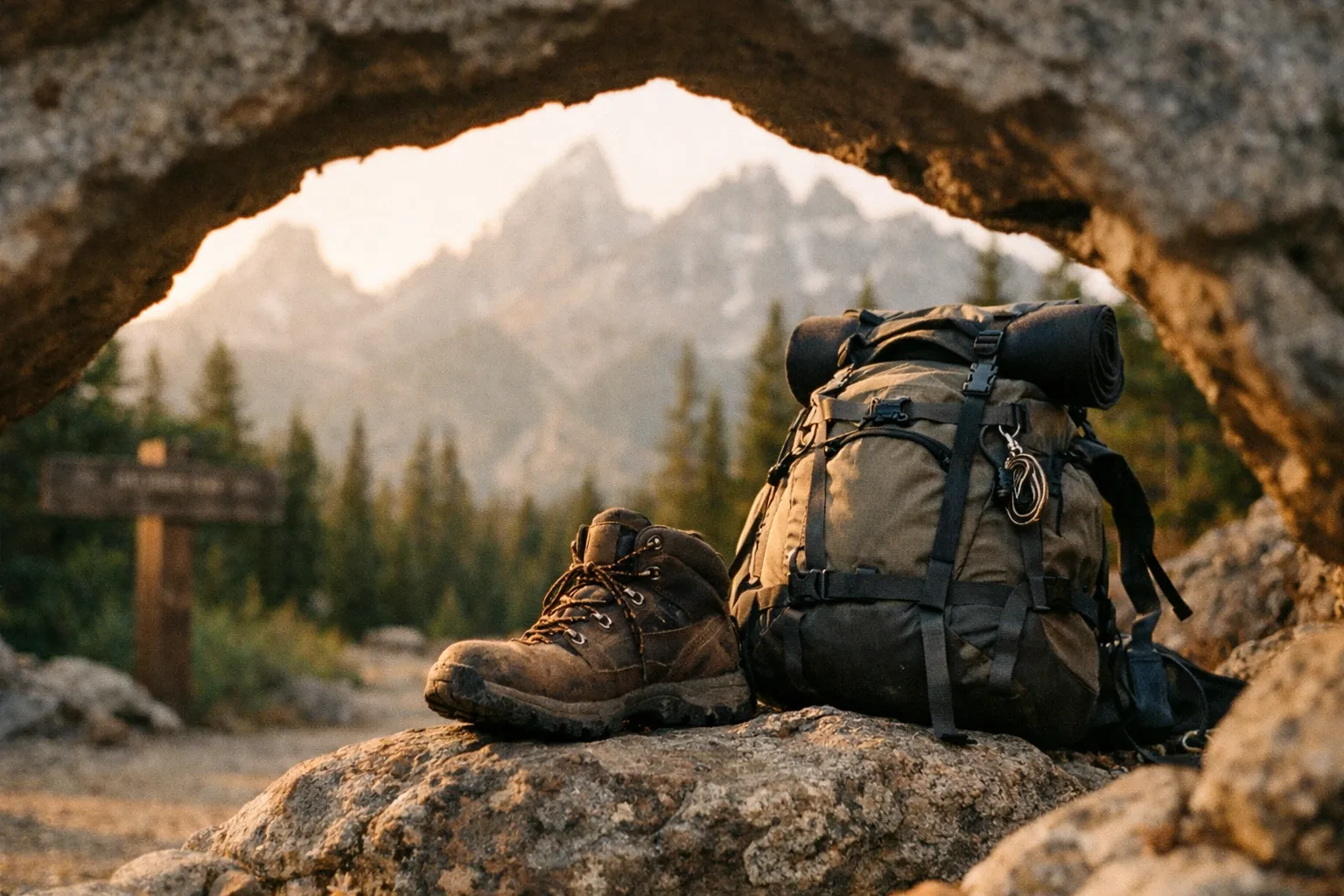 A hiking backpack and boots rest on a rock with the Grand Teton mountains in the background.