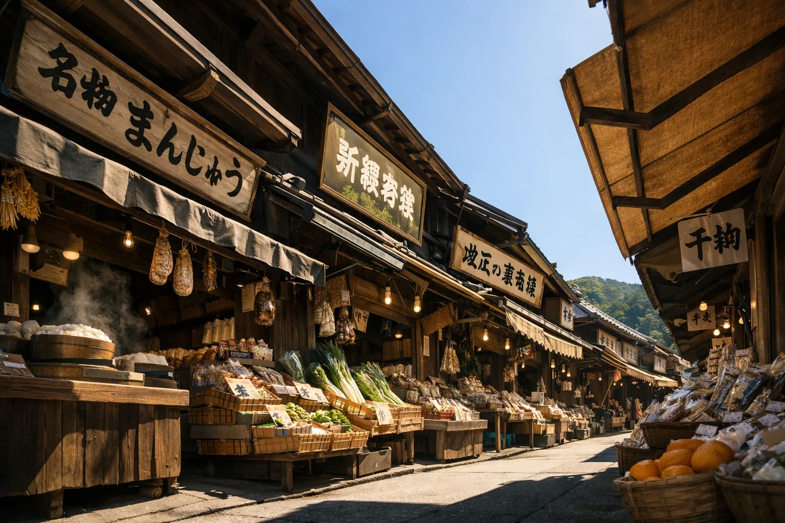 Traditional Japanese market street lined with open stalls selling produce and local goods under wooden signs.