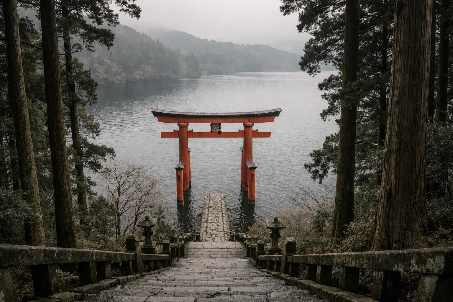 A red torii gate stands in Lake Ashi, viewed from stone steps surrounded by forest in Hakone.