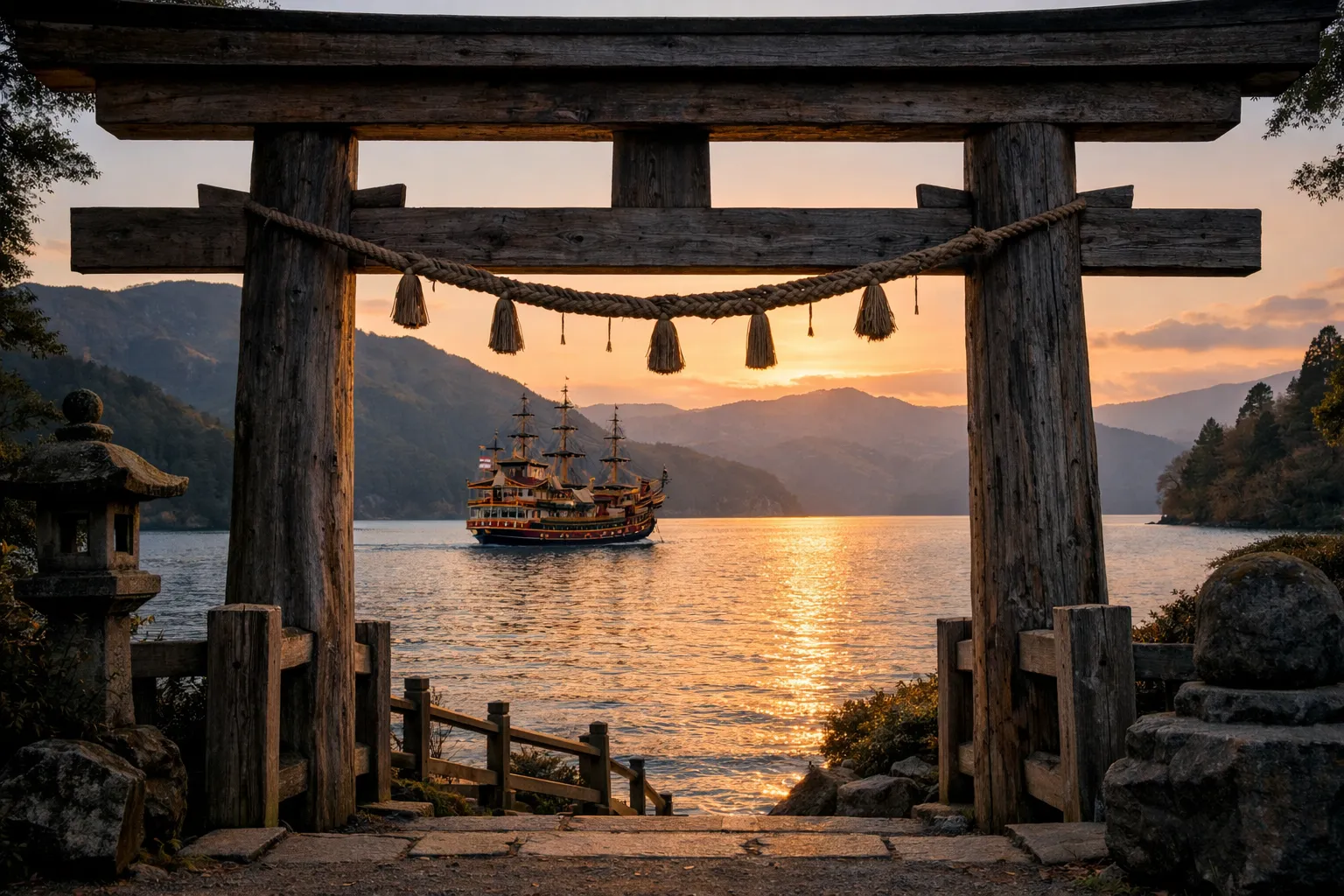 A pirate ship-style sightseeing boat cruises on Lake Ashi, viewed through a traditional torii gate at sunset.