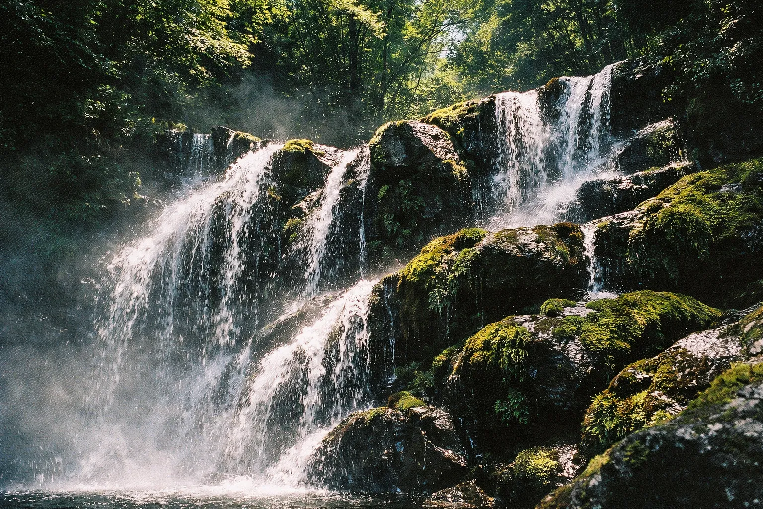 A forest waterfall cascades over moss-covered rocks in a lush, green setting.