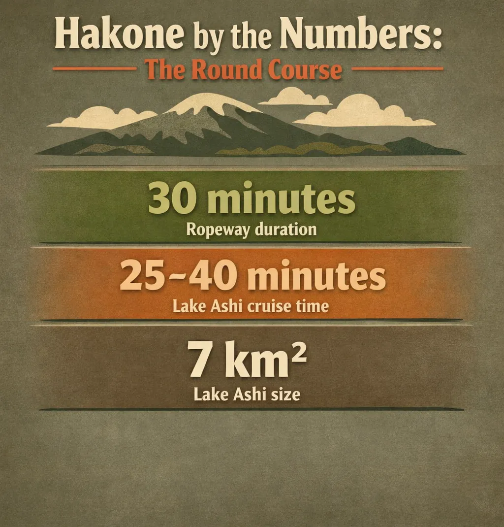 Hakone Round Course stats: ropeway about 30 minutes, Lake Ashi cruise 25 to 40 minutes, Lake Ashi about 7 km²