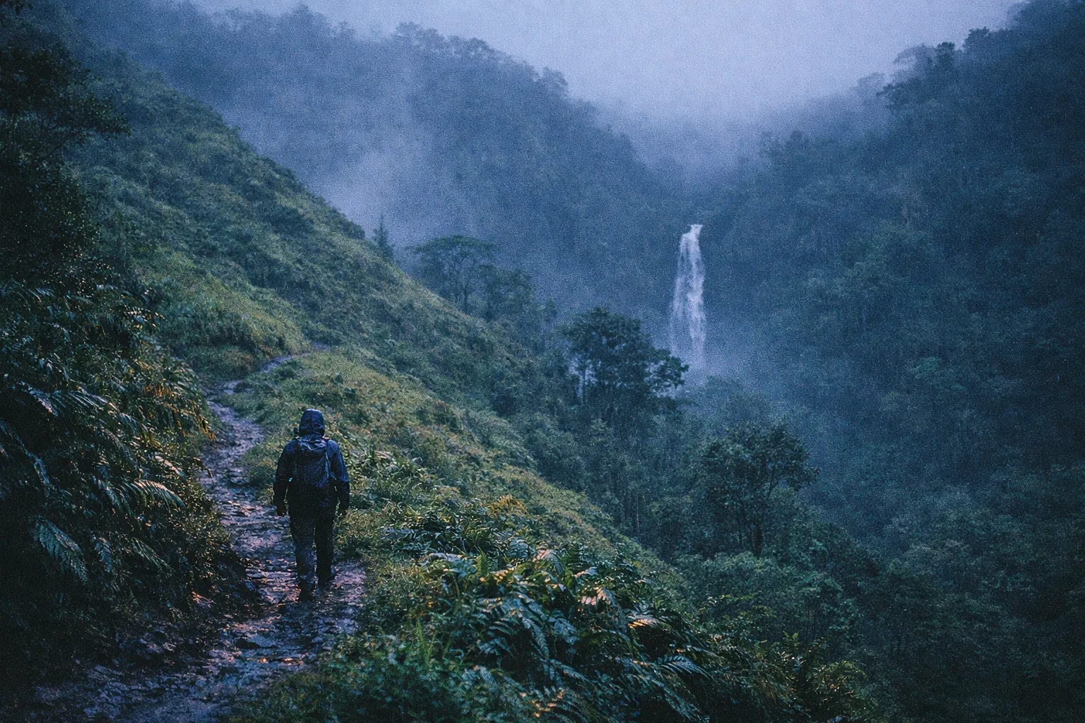 A lone hiker walks along a lush mountain trail toward a distant waterfall in a misty forest.