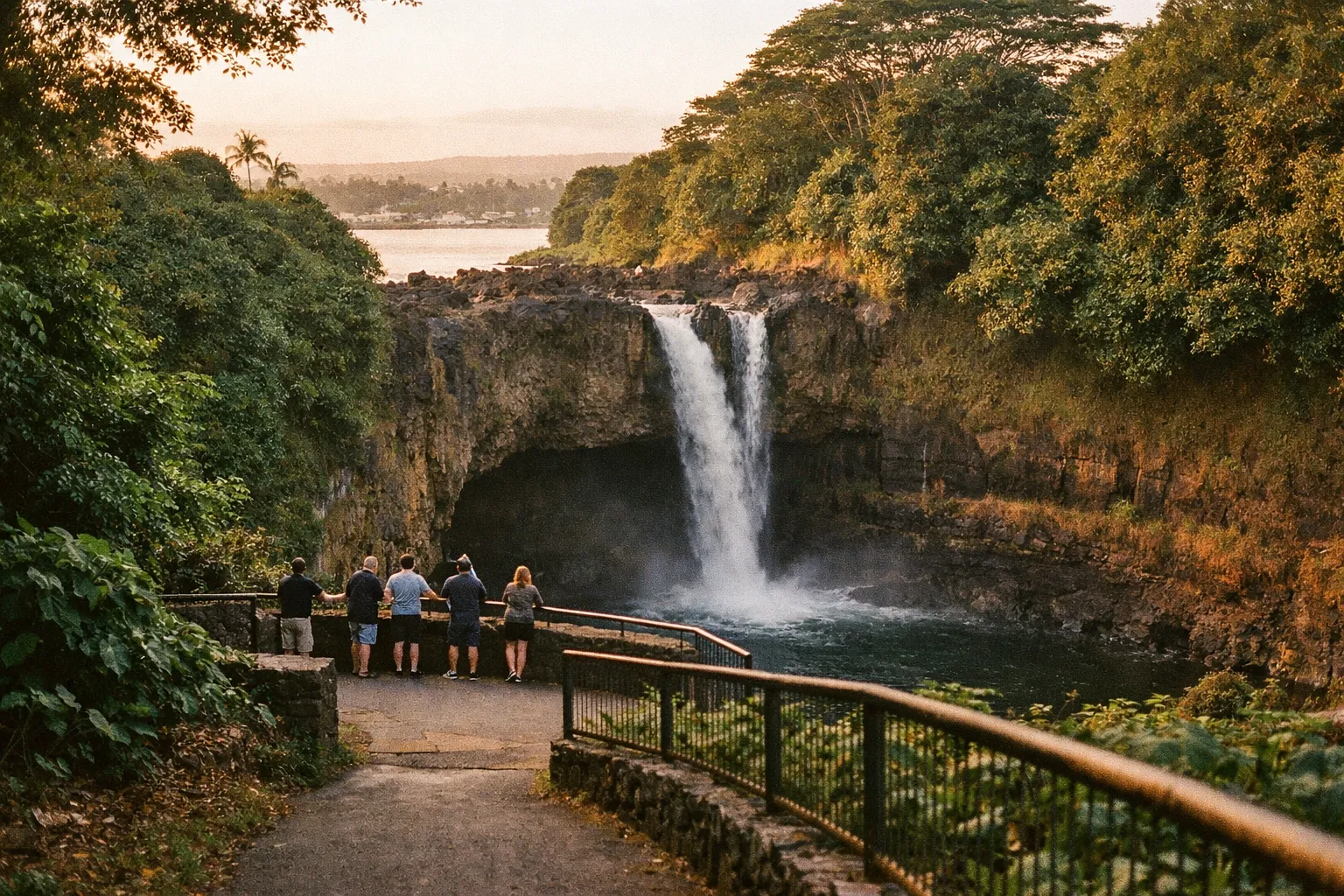 Visitors stand at a lookout point facing Rainbow Falls surrounded by lush greenery in Hilo, Hawaii.