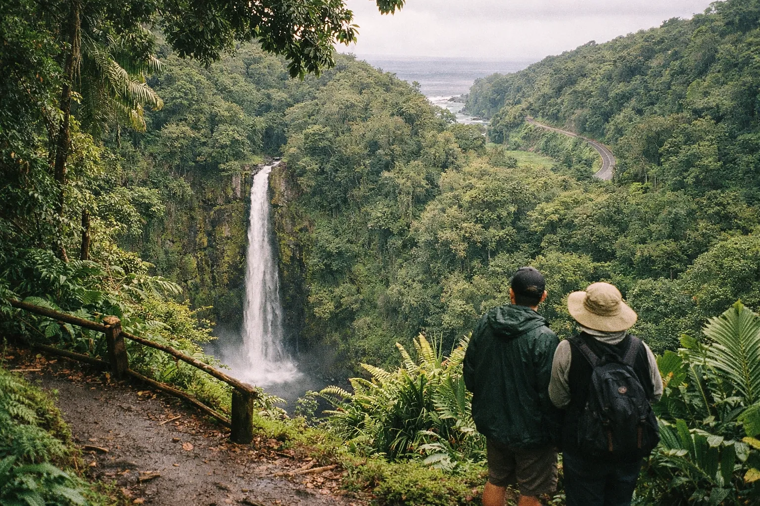 Two people stand on a trail overlooking Akaka Falls surrounded by lush jungle near Hilo, Hawaii.