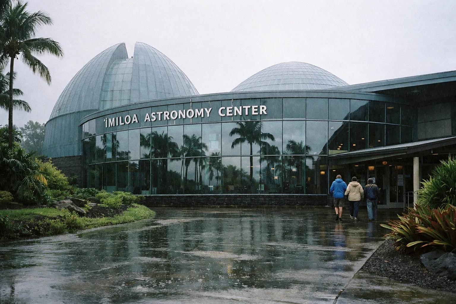 People walk toward the 'Imiloa Astronomy Center on a rainy day in Hilo, Hawaii.