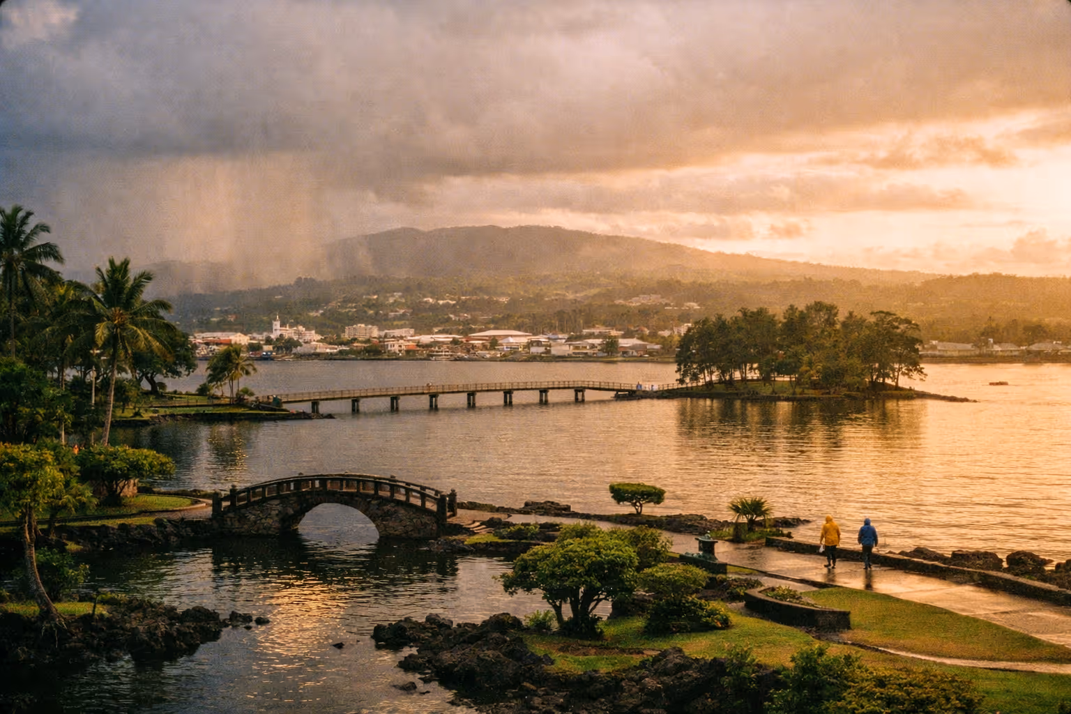 Two people walk in Liliuokalani Park with a view of Coconut Island and the Hilo waterfront across the bay.