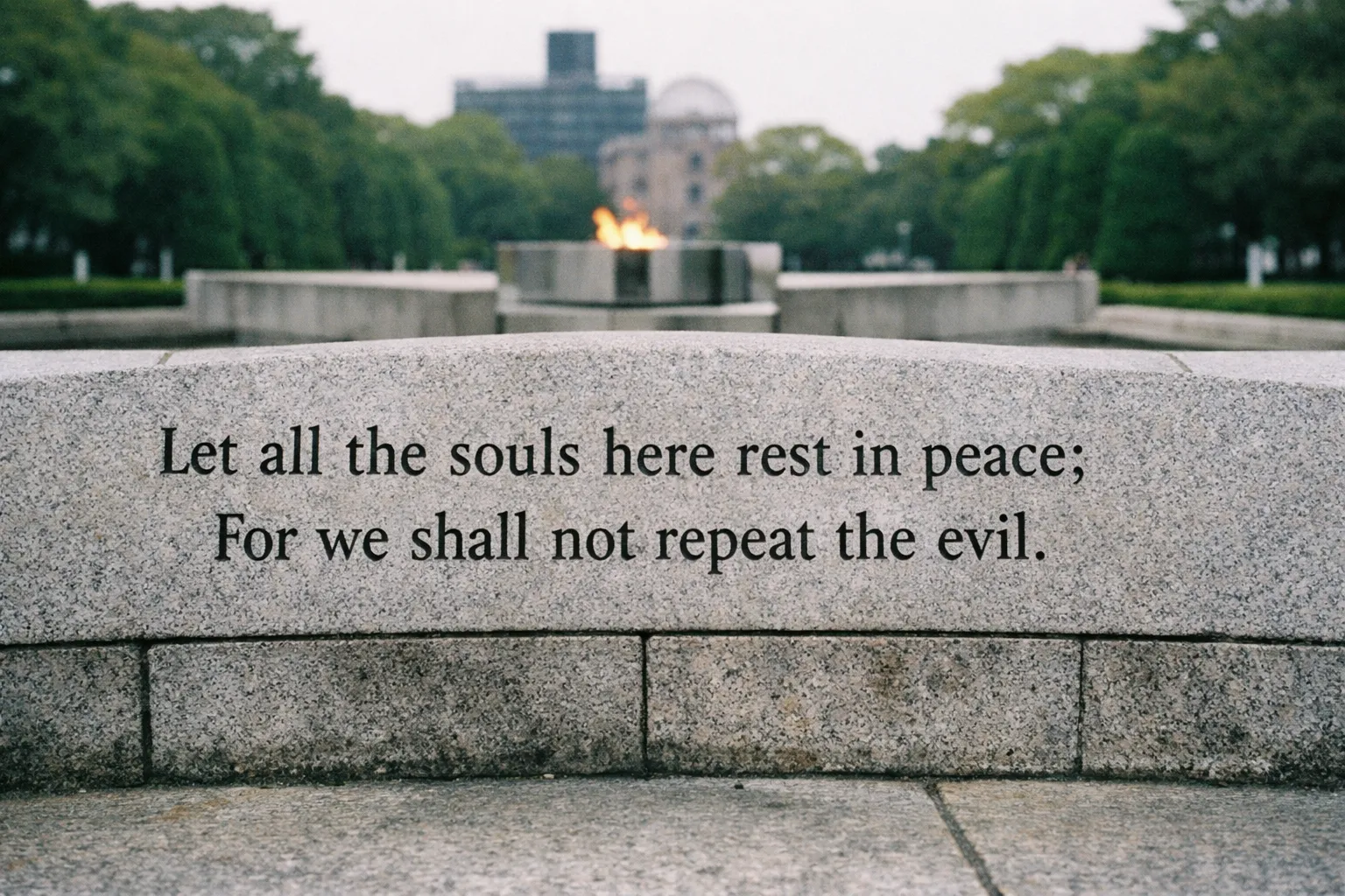 The Cenotaph for the A-bomb Victims at Hiroshima Peace Memorial Park with the Flame of Peace in the background.