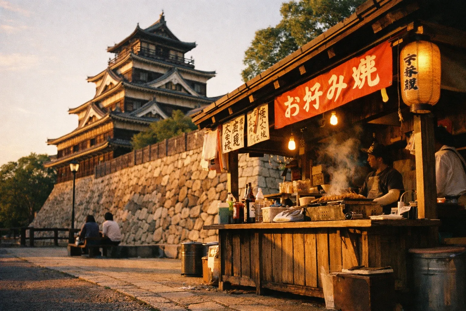 A food stall selling okonomiyaki near Hiroshima Castle at sunset.