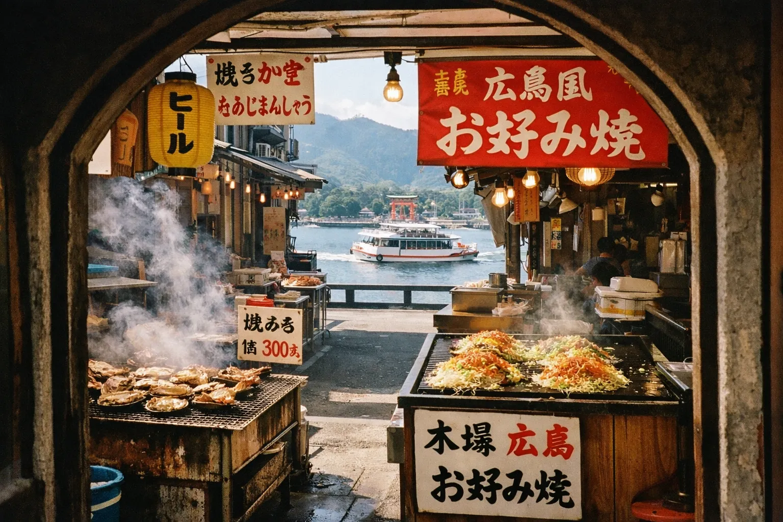 A food stall grilling okonomiyaki overlooks the water with a ferry and the Itsukushima shrine torii in the background.