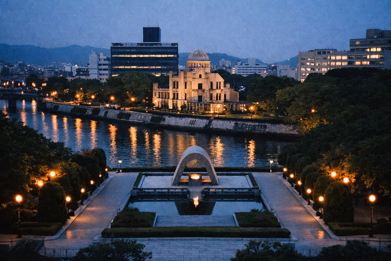 Hiroshima Peace Memorial and cenotaph reflected in the river at dusk with city buildings in the background.