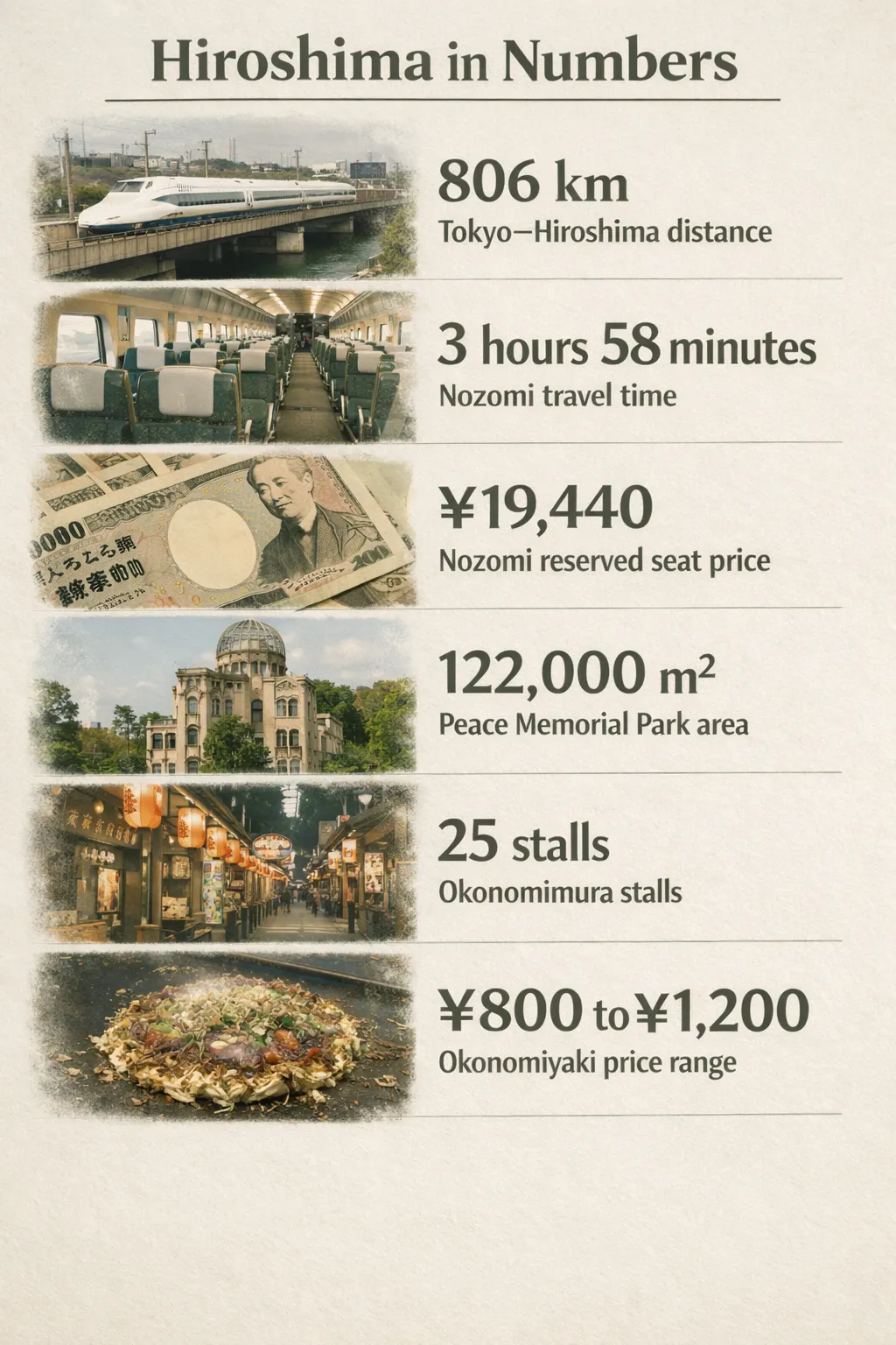 Infographic showing six key Hiroshima figures: Tokyo-Hiroshima distance 806 km; Nozomi travel time 3 hours 58 minutes