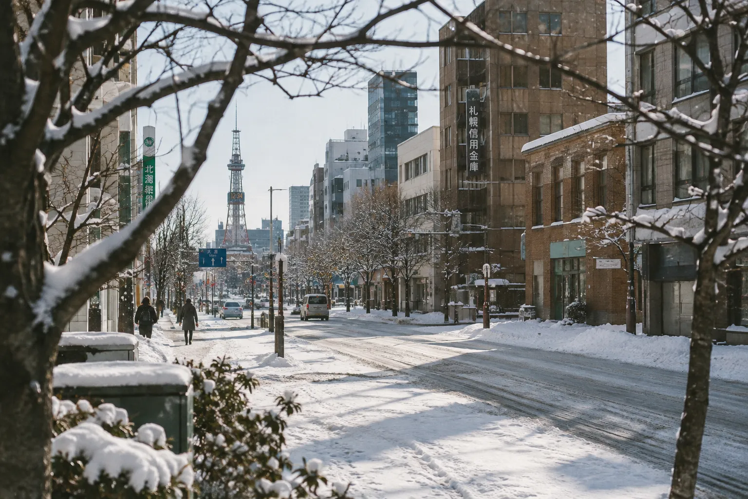 Sapporo TV Tower rises above a snowy city street in Sapporo.
