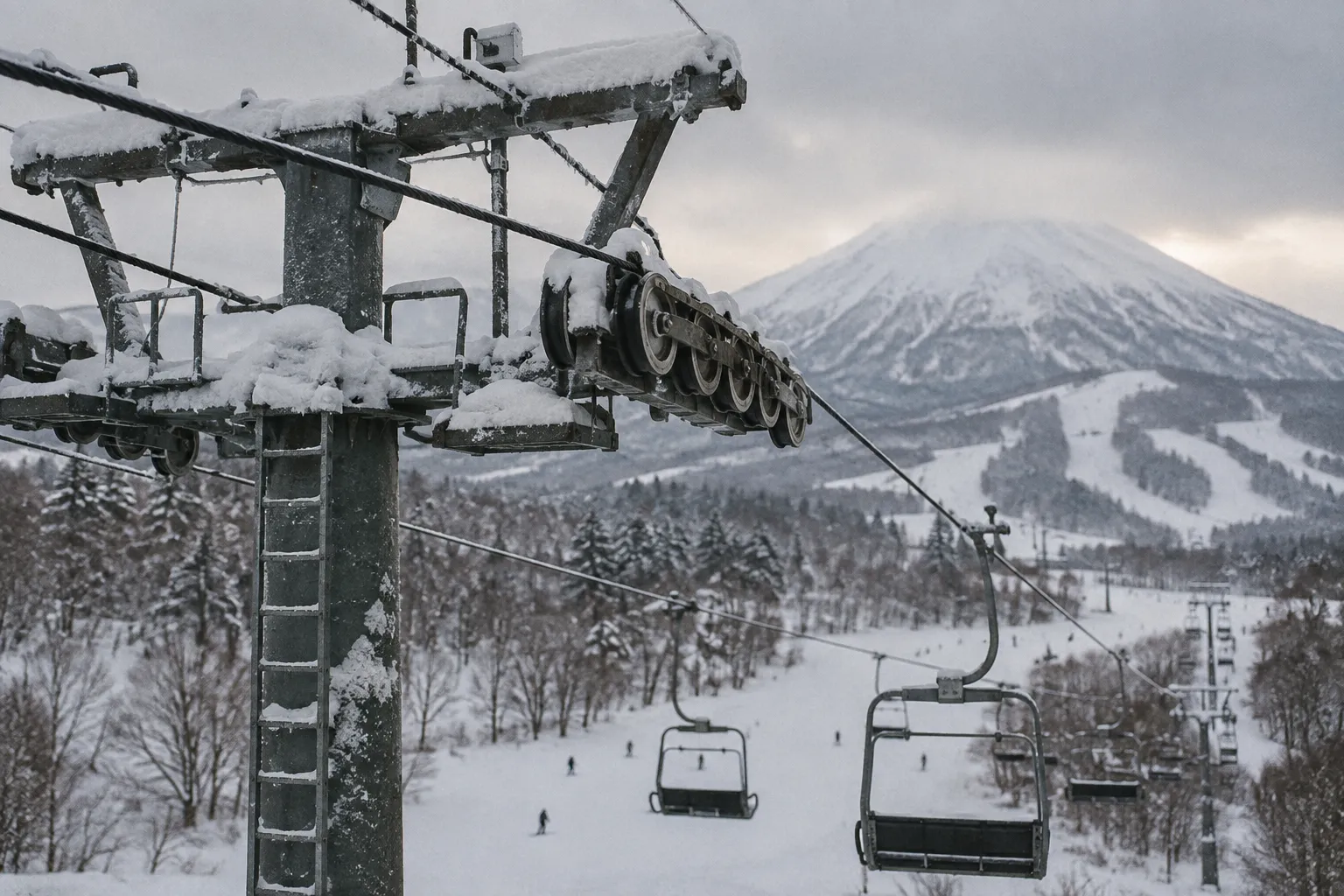 A snowy ski lift overlooks the slopes and Mount Yōtei in Niseko, Hokkaido.