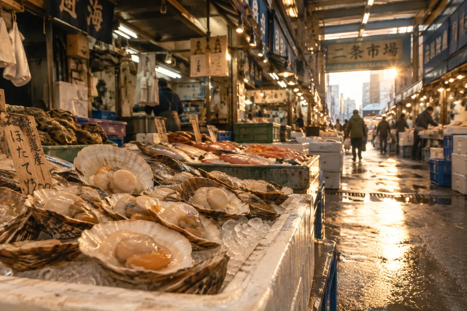 Seafood stalls at Sapporo's Nijo Market display scallops and fish along a busy indoor aisle.