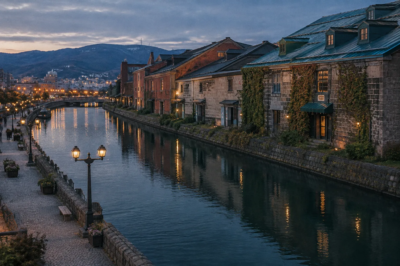 Otaru Canal runs past historic warehouses and a lit walkway at dusk.