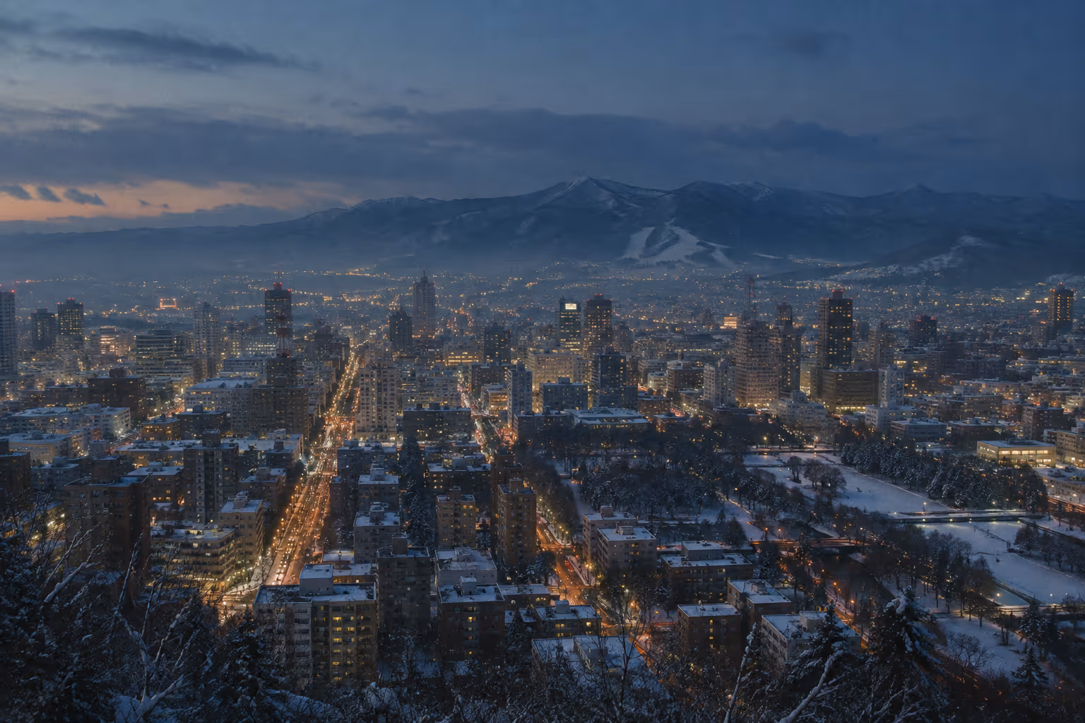 Snow-covered Sapporo glows at dusk beneath the surrounding mountains.