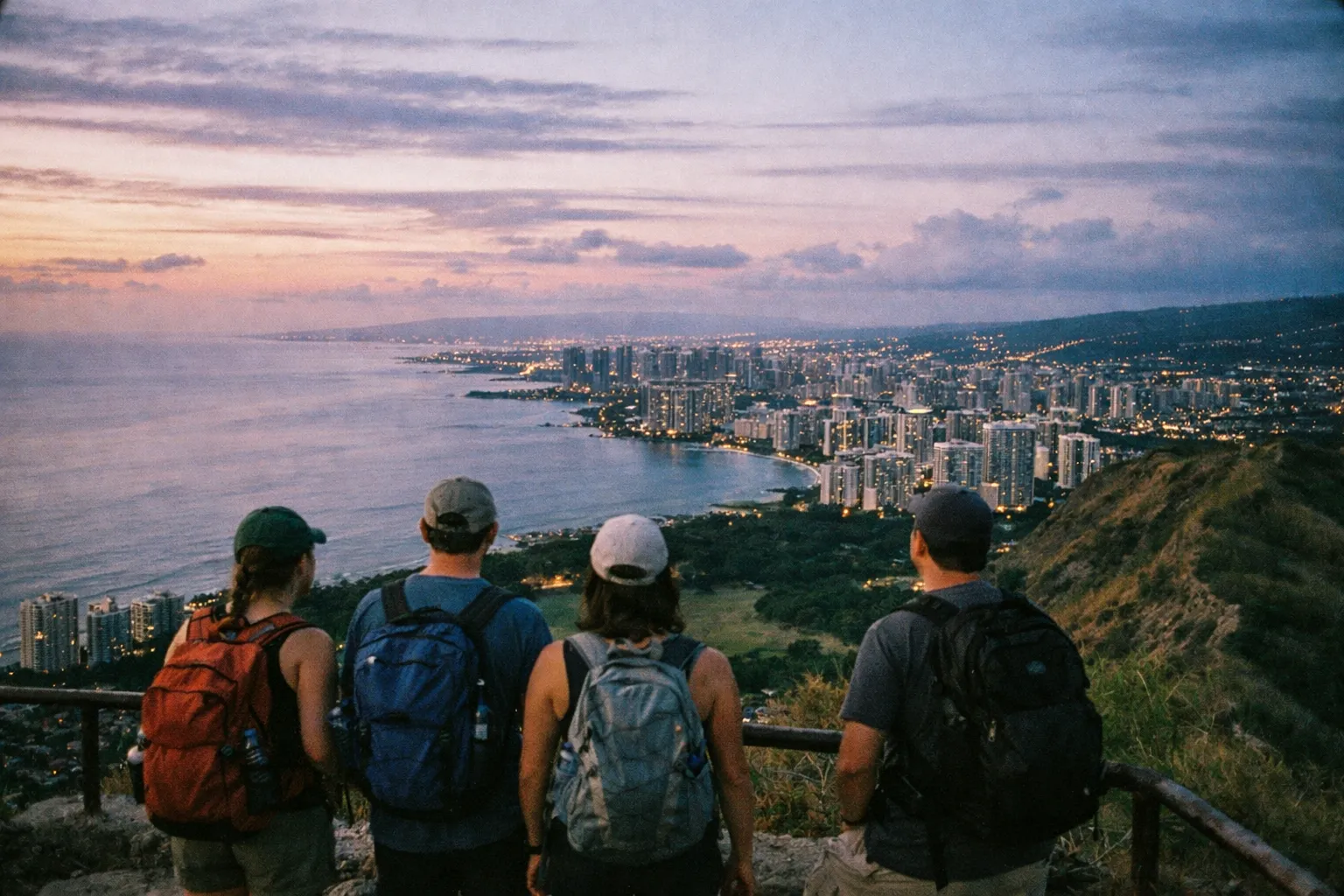 Four hikers with backpacks look out over Honolulu from a high vantage point at dusk.