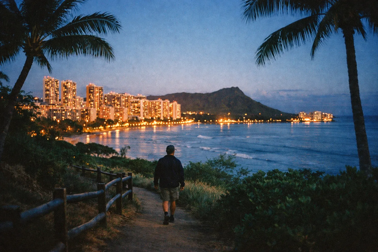A person walks along a coastal path at dusk with Waikiki and Diamond Head in the background.
