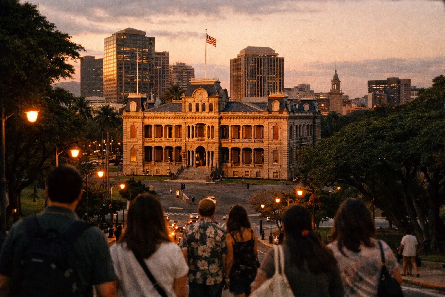 People walk toward Iolani Palace in downtown Honolulu at dusk, with city buildings in the background.