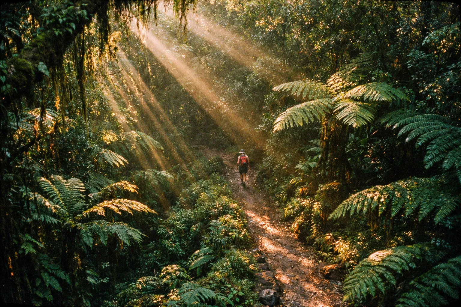 A hiker walks along a dirt path surrounded by dense tropical forest with sunlight streaming through the trees.