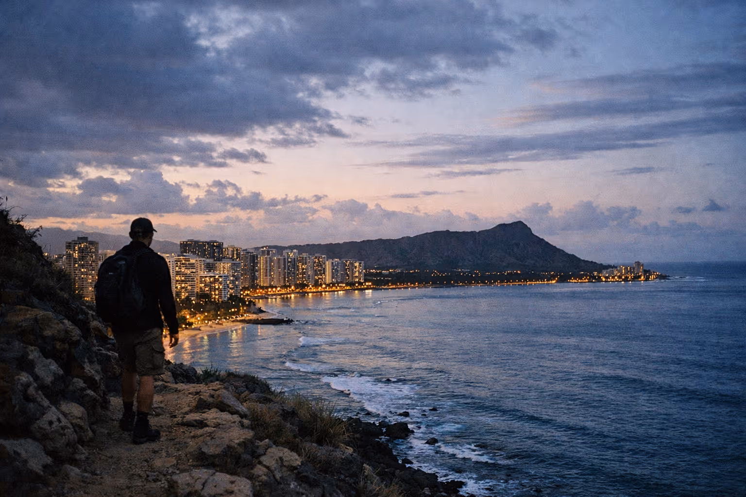 A person walks along a rocky coastline overlooking Waikiki and Diamond Head in Honolulu at dusk.