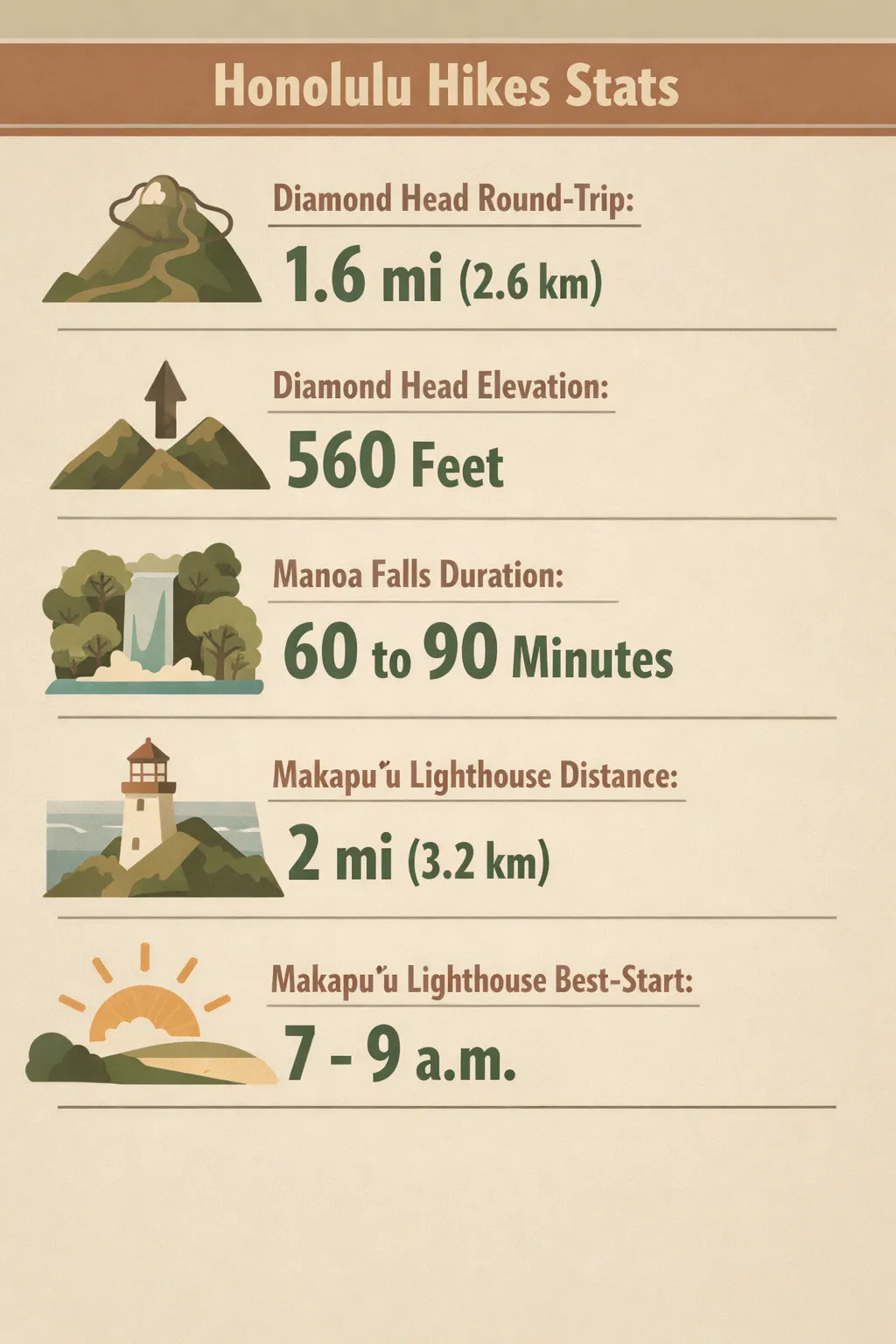 Stats from Honolulu hikes: Diamond Head round-trip 1.6 mi (2.6 km); Diamond Head elevation 560 feet; Manoa Falls duration 60