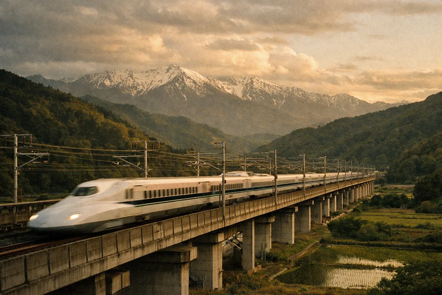 Shinkansen bullet train speeding along an elevated track through a valley at golden hour