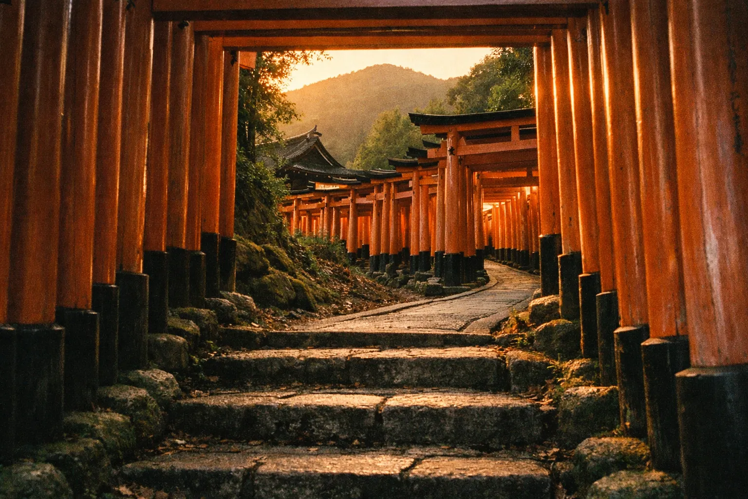 Path through the vermilion torii gates at Fushimi Inari, Kyoto, bathed in golden hour light