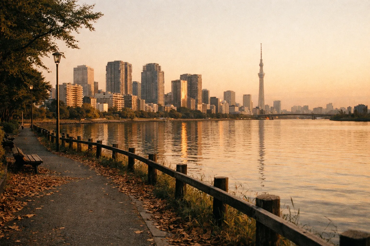 Riverside park along Tokyo's river with skyline and distant Skytree at golden hour