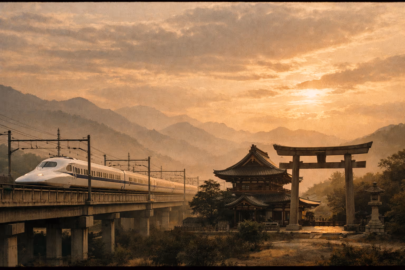 Editorial panorama blending Japan's past and present: a Shinkansen speeding by a traditional temple and torii gate with distant mountains at golden hour