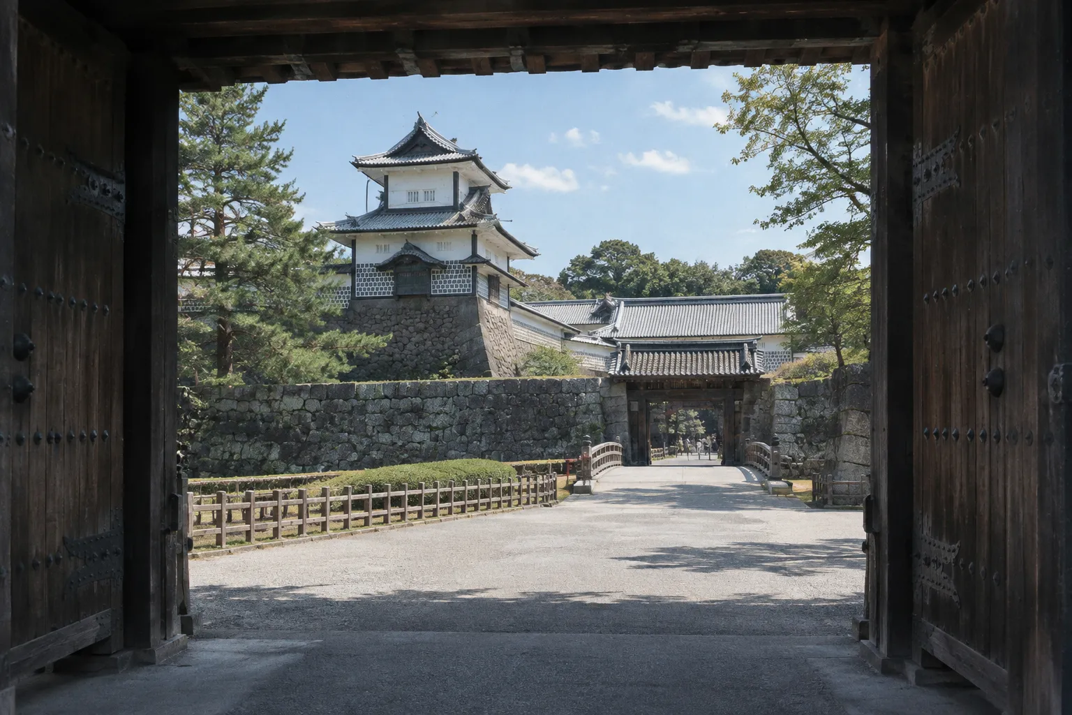 Kanazawa Castle stands beyond a stone wall, viewed through a large wooden gate.