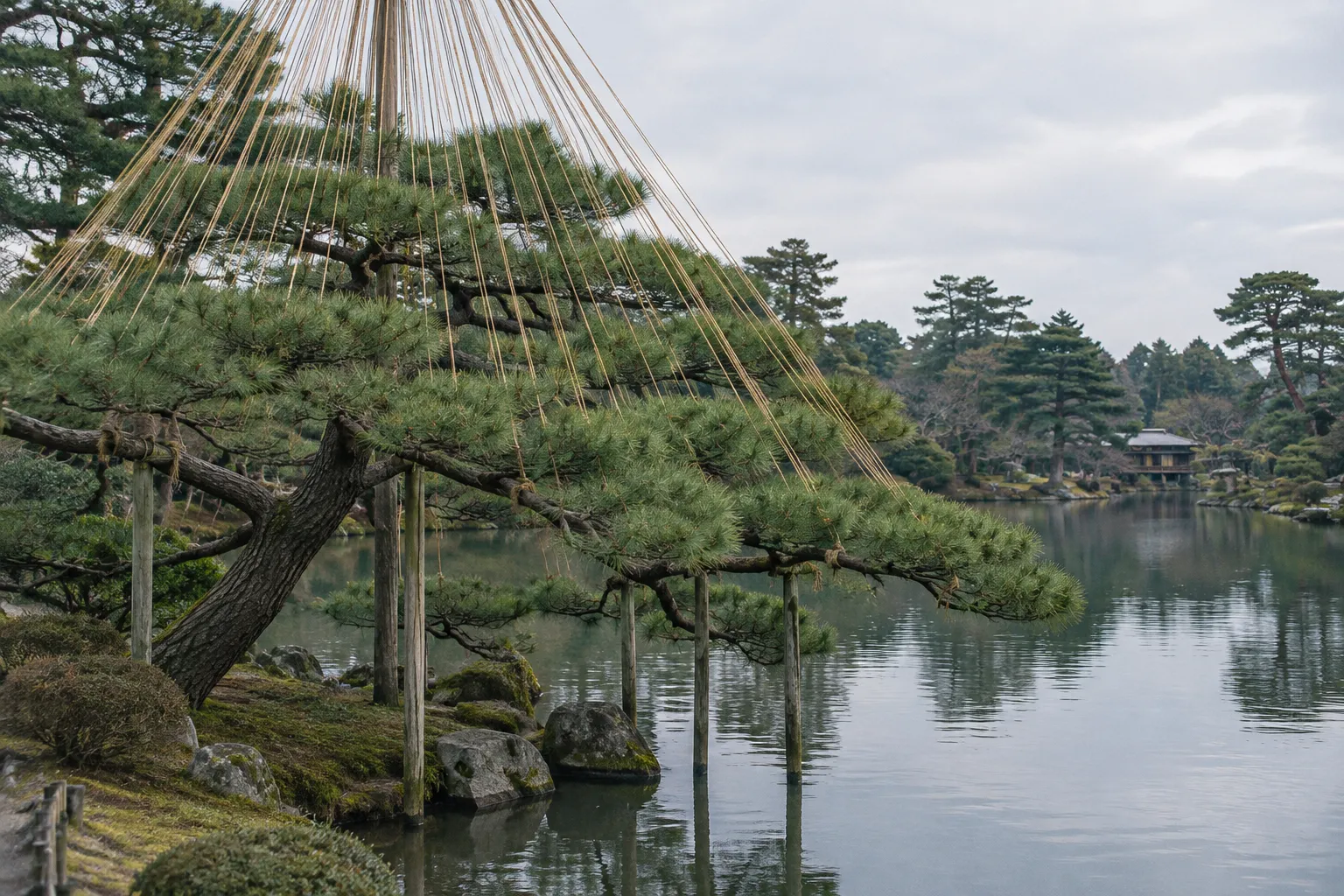 A pine tree with winter supports overlooks a pond in Kenrokuen Garden, Kanazawa.