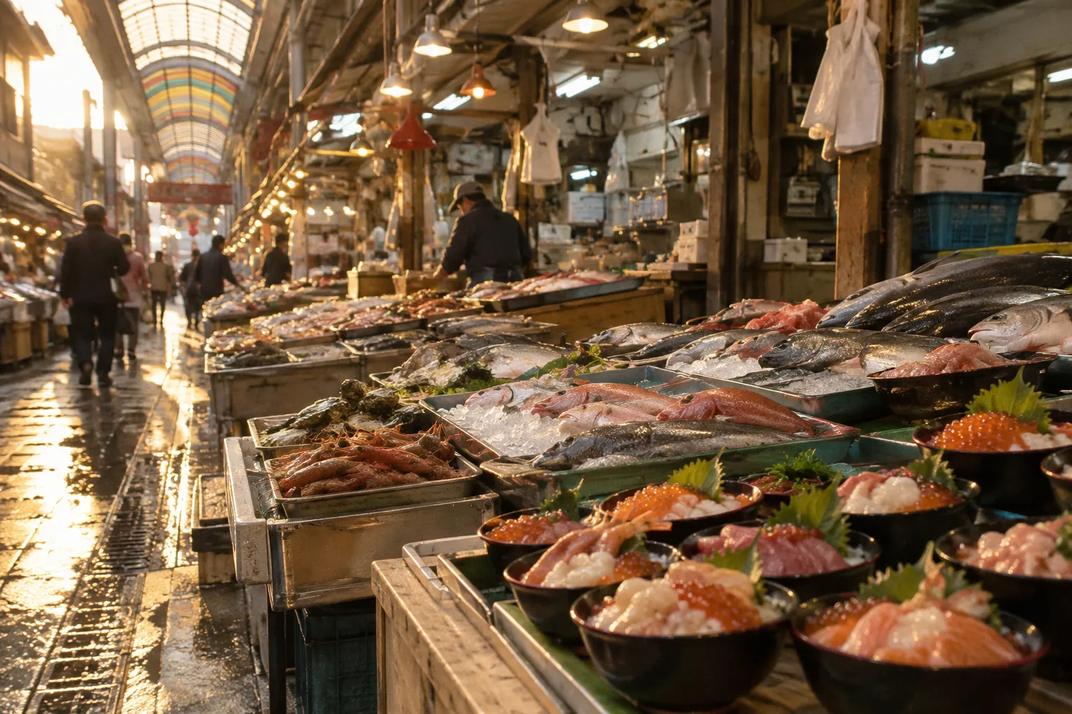 Seafood stalls line the aisles of Omicho Market in Kanazawa.