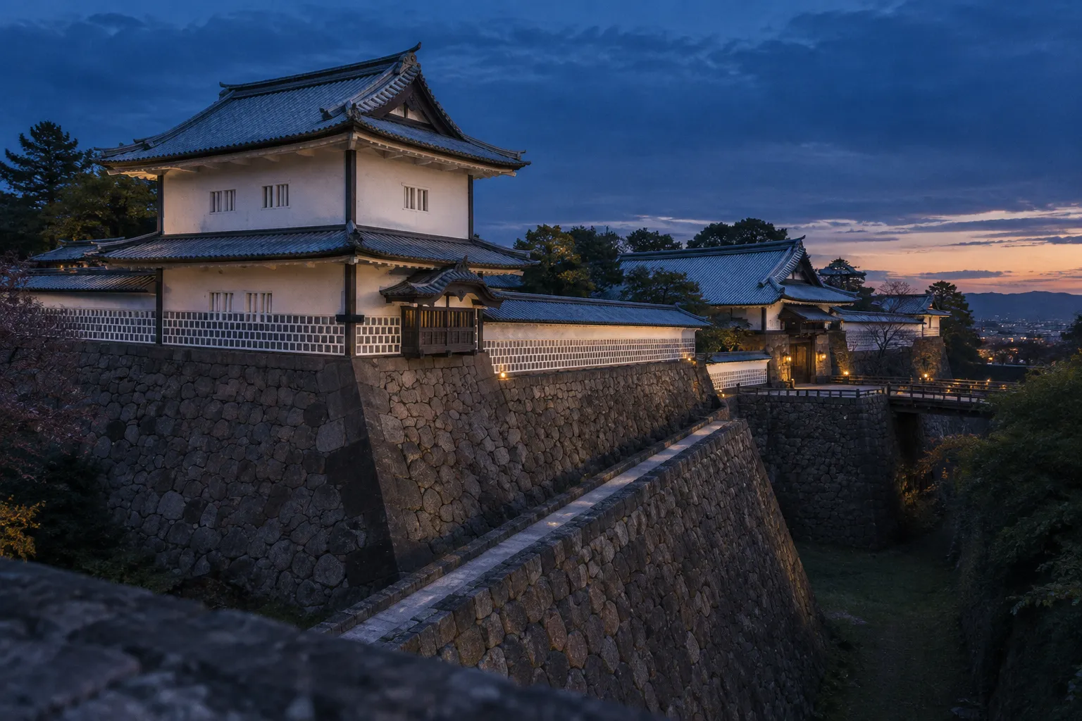 Kanazawa Castle's tiled buildings and stone ramparts stand beneath a cloudy evening sky.