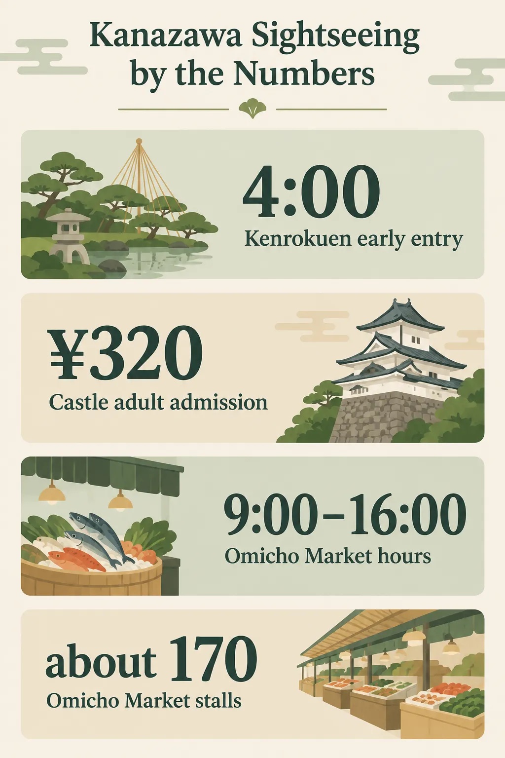 Kanazawa planning figures: Kenrokuen early entry in April through August starts at 4:00, castle historic buildings cost ¥320