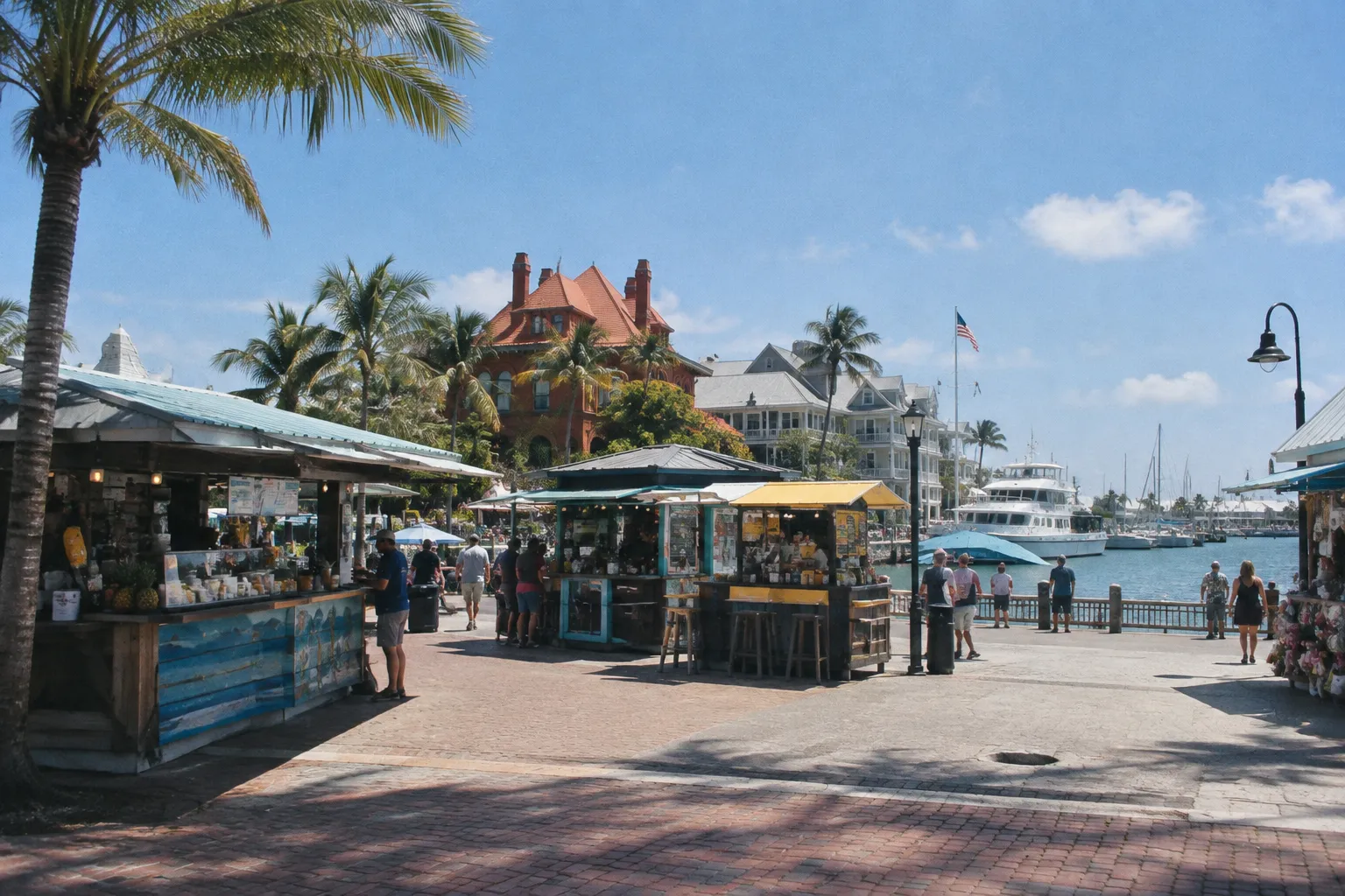 Market stalls and visitors line the waterfront at Mallory Square in Key West.