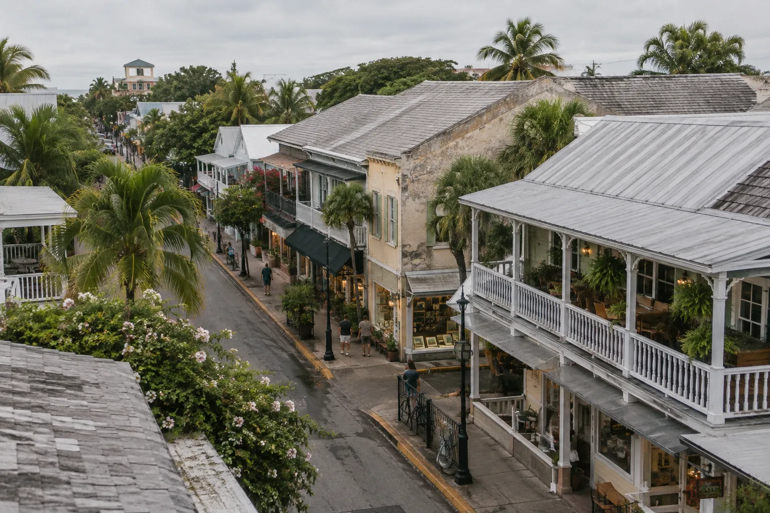 A palm-lined street of historic shops and porches in Key West.