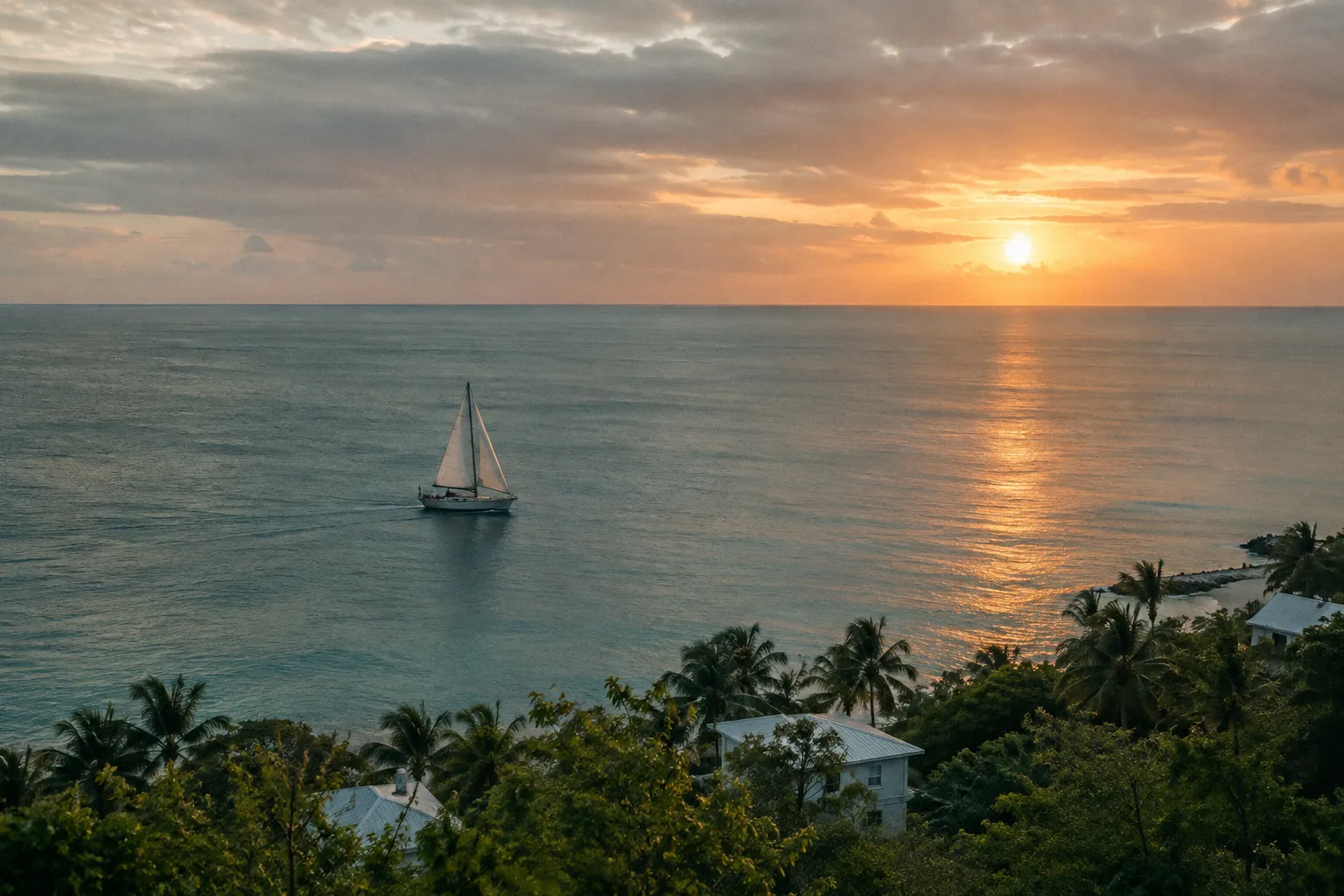 A sailboat crosses the ocean at sunset off a palm-lined tropical shore.