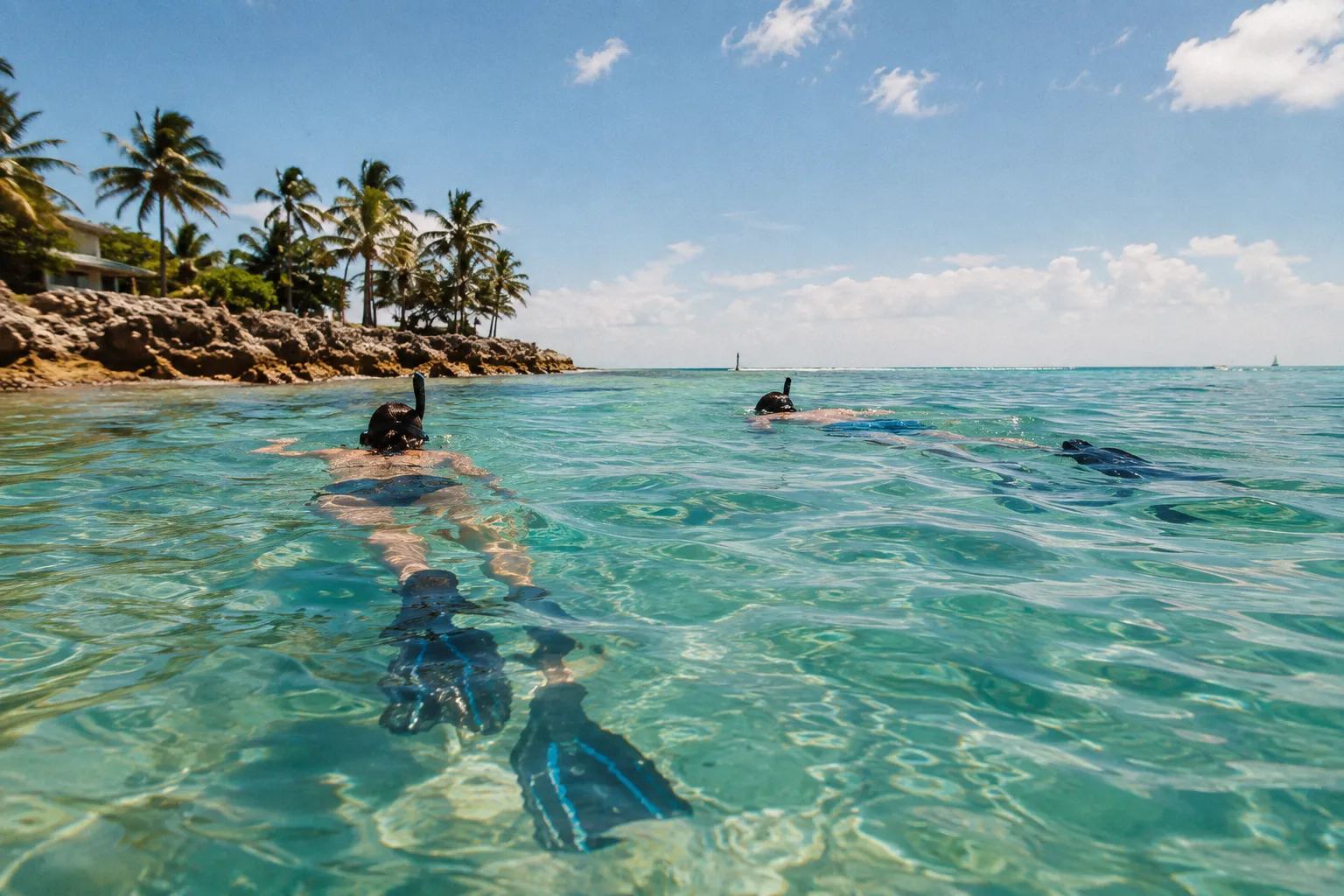 Snorkelers swim in clear tropical water beside a palm-lined shore.