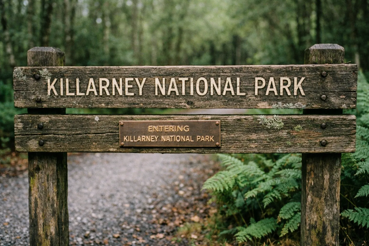 Wooden entrance sign for Killarney National Park with a forest path in the background.