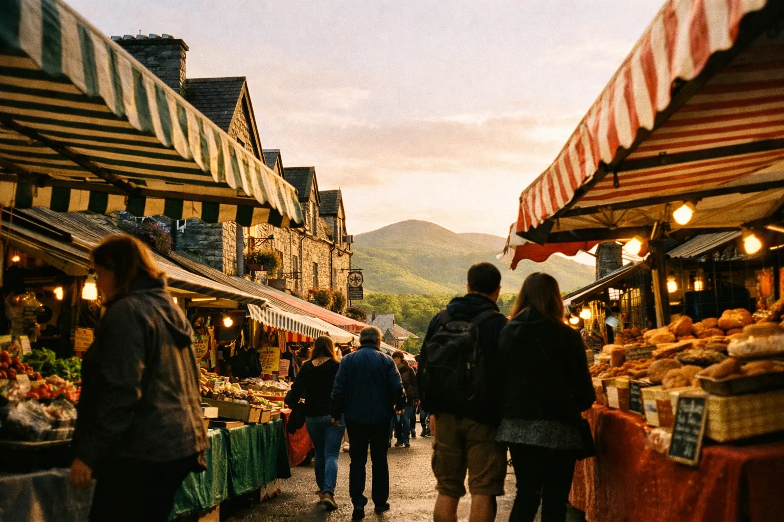 People walk through an outdoor market with stone buildings and mountains in the background.