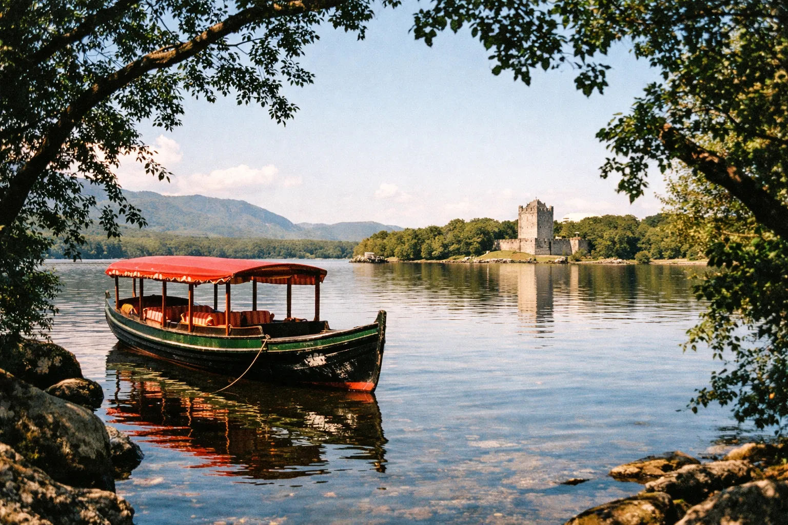 A traditional boat with a red canopy floats on a lake, with Ross Castle visible in the background.